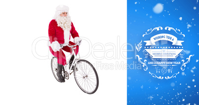 Composite image of cheerful father christmas cycling