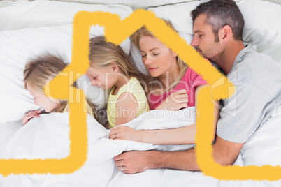 Composite image of parents sleeping in bed with their twins
