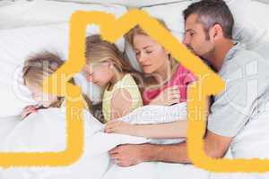 Composite image of parents sleeping in bed with their twins
