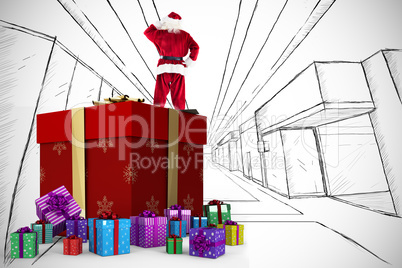 Composite image of santa standing on giant present