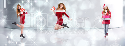 Composite image of festive redhead holding a gift