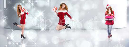 Composite image of festive redhead holding a gift