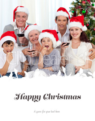 Composite image of family drinking wine and eating sweets in chr