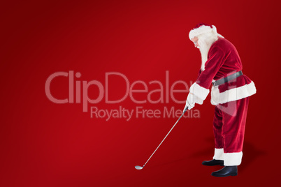 Composite image of santa claus is playing golf