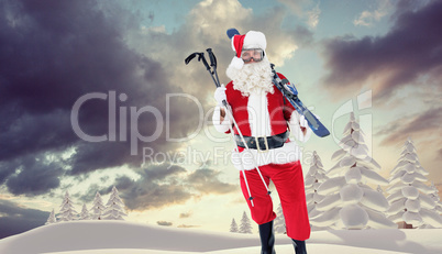 Composite image of santa claus holding ski and ski poles