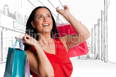 Composite image of woman standing with shopping bags