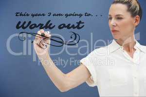 Composite image of serious businesswoman looking at pen in her h