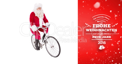 Composite image of cheerful father christmas cycling