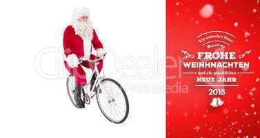 Composite image of cheerful father christmas cycling