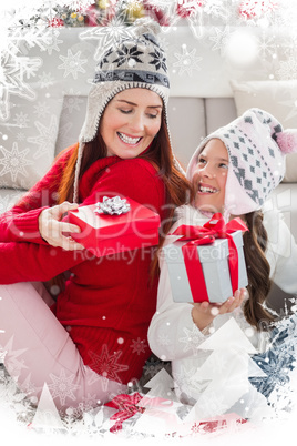 Composite image of mother and daughter exchanging gifts at christmas