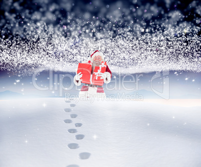 Composite image of santa carrying gifts in the snow