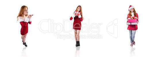 Composite image of festive redhead blowing over hands