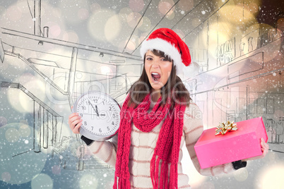 Composite image of yelling brunette holding a clock and gift