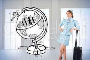 Composite image of pretty air hostess leaning on suitcase