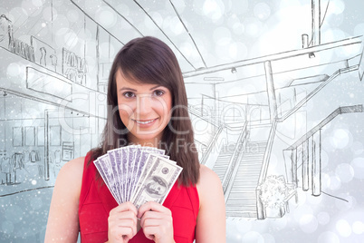 Composite image of young woman holding her cash