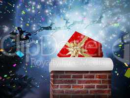 Composite image of santa flying his sleigh behind chimney