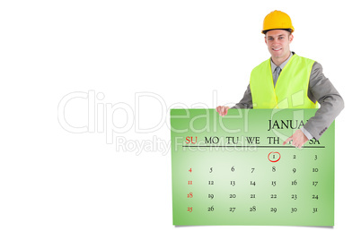 Composite image of smiling builder pointing at something