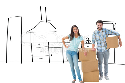 Composite image of attractive young couple with moving boxes