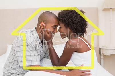 Composite image of happy couple showing affection on bed