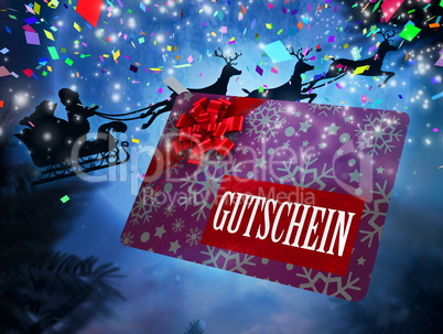 Composite image of santa flying his sleigh behind gift card