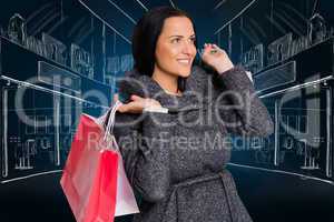 Composite image of smiling woman holding shopping bag