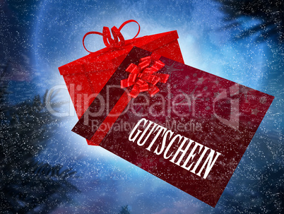 Composite image of flying gift card and present