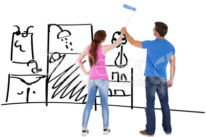 Composite image of couple painting a wall together