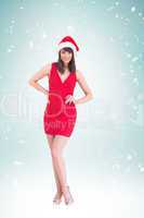 Composite image of stylish brunette in red dress