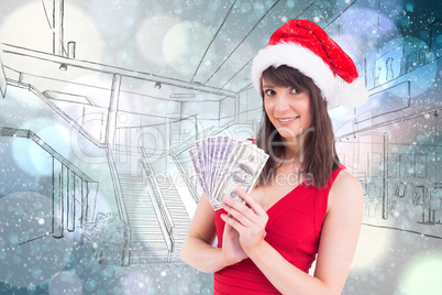 Composite image of festive brunette in red dress showing her cas