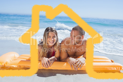 Composite image of cheerful cute couple in swimsuit lying on the