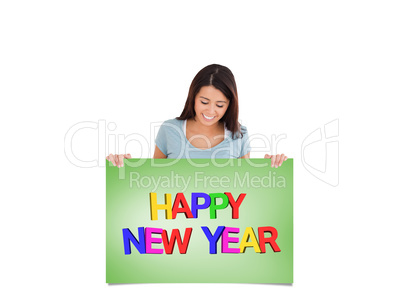 Composite image of gorgeous woman holding a  board