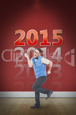 Composite image of geeky hipster dancing and smiling Composite image of geeky hipster dancing and smiling