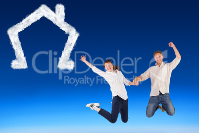 Composite image of couple jumping and holding hands