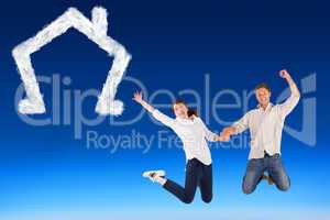 Composite image of couple jumping and holding hands