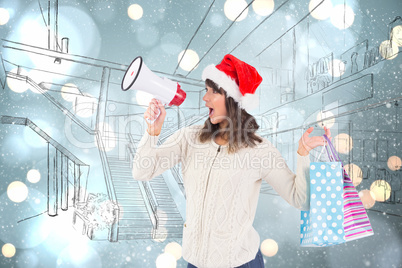 Composite image of festive brunette holding megaphone and bags