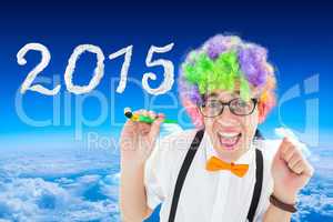 Composite image of geek ready to party