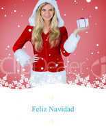 Composite image of pretty girl in santa outfit holding gift