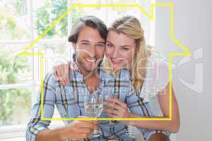 Composite image of cute smiling couple enjoying white wine toget