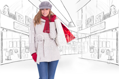 Composite image of happy blonde in winter clothes with bags