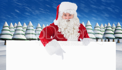 Composite image of joyful santa claus presenting sign