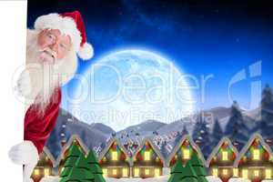 Composite image of santa looks out behind a wall