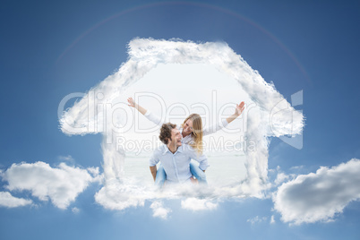 Composite image of man piggybacking woman at beach