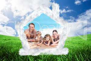 Composite image of happy family beside the swimming pool