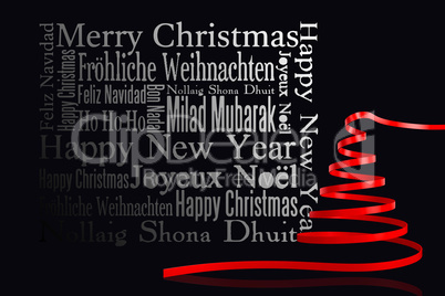 Composite image of red christmas tree ribbon