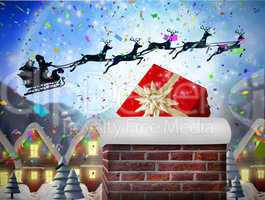 Composite image of santa flying his sleigh behind chimney
