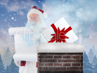 Composite image of santa claus reads a list