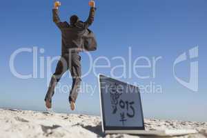 Composite image of victorious businessman jumping leaving his la