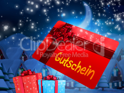 Composite image of flying gift card and presents