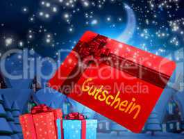 Composite image of flying gift card and presents
