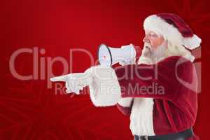 Composite image of santa points at something and uses a megaphon